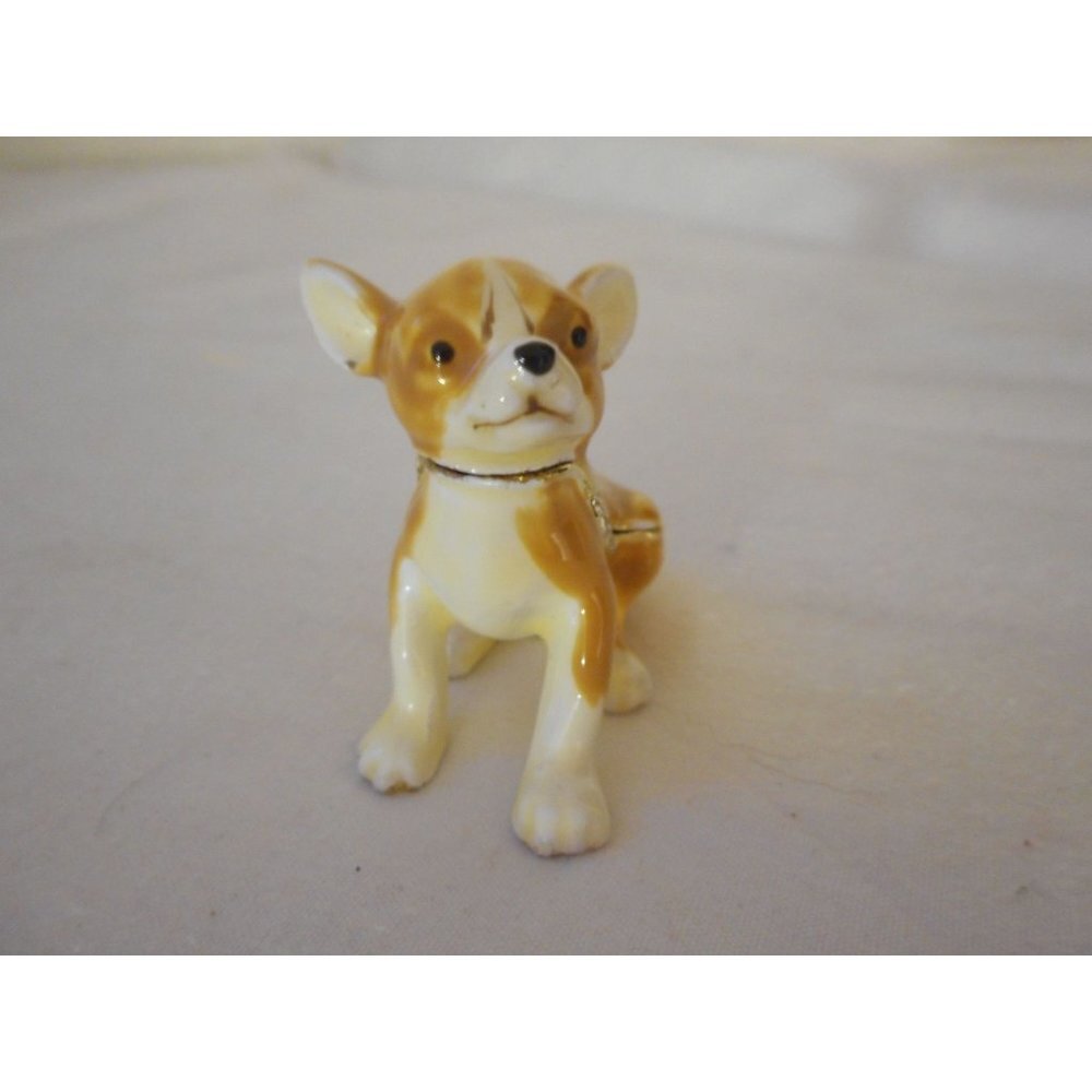 Chihuahua Dog Pewter Enamel Bejeweled Hinged Miniature Trinket Box EUC #10